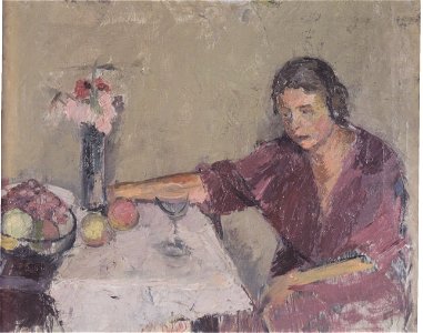 Felix Esterl - Frau des Künstlers mit Blumen, Früchten und Glas - ca 1926