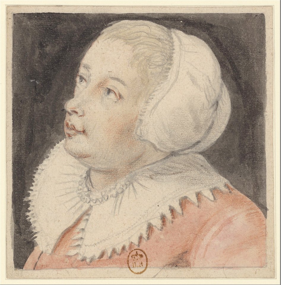 Femme au corsage rose, coiffée d'un capuchon blanc, de trois quarts à gauche, les yeux levés vers le ciel (Nicolas Lagneau)