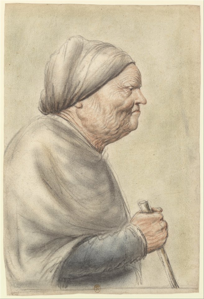 Femme âgée, portant une coiffe blanche, tenant une canne dans la main droite, vue de profil à droite (Nicolas Lagneau)