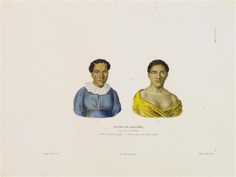 Femmes de L'Isle Taïti. (Isles de la Sociéte) 1. Po-maré Vahiné, régente. 2. Téré-moémoé, veuve de Po-maré II
