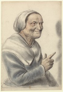 Femme âgée portant une coiffe blanche, l'index pointé, vue de trois quarts à droite (Nicolas Lagneau)