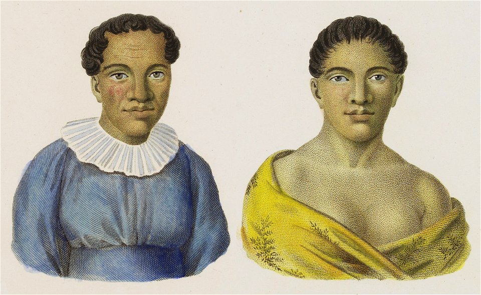 Femmes de L'Isle Taïti. (Isles de la Sociéte) 1. Po-maré Vahiné, régente. 2. Téré-moémoé, veuve de Po-maré II (cropped)