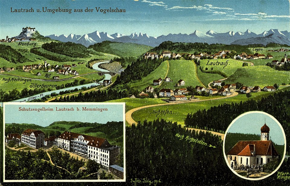 Felle Lautrach und Umgebung aus der Vogelschau 1916