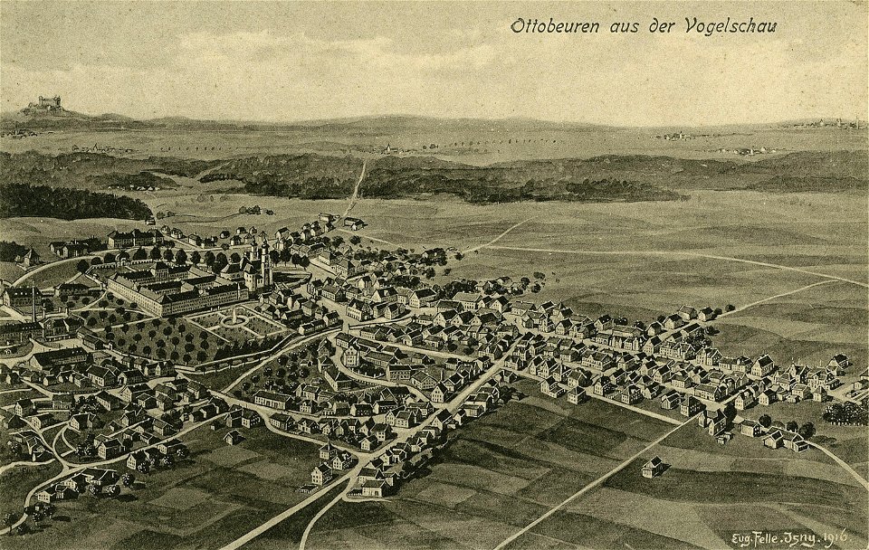 Felle Ottobeuren aus der Vogelschau sw 1916