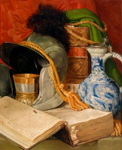 Ferdinand Beer Stillleben mit Folianten und Helm 1837