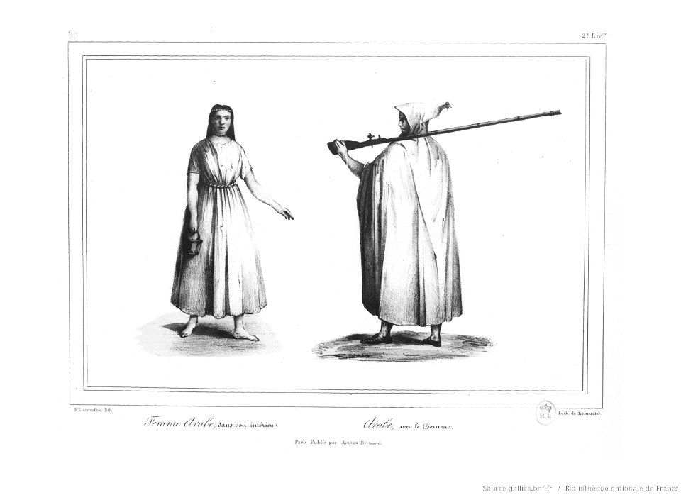 Femme et homme arabe, avec bournous.