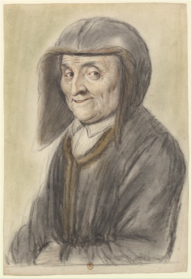 Femme âgée, coiffée d'un chaperon noir à doublure brune assorti à son manteau, vue de trois quarts à gauche (Nicolas Lagneau)