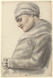 Femme (ou homme) de profil à gauche, les mains jointes sur le ventre, les yeux mi-clos, la tête enturbannée (Nicolas Lagneau)