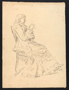 Femme assise sur une chaise, tricotant, de profil - croquis drawing by Jean-François Taelemans, R-2009-26299, Prints Department, Royal Library of Belgium