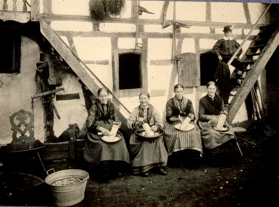 Femmes en costume de travail râpant du raifort Engwiller 1909