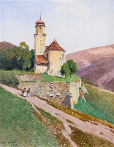 Ferdinand Brunner - Hügelige Sommerlandschaft mit Kapelle und Personenstaffage