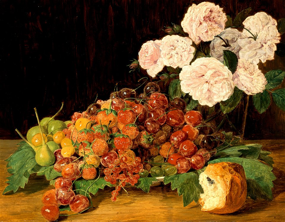 Ferdinand Georg Waldmüller - Stillleben mit Rosen, Erdbeeren und Brot - 5370 - Österreichische Galerie Belvedere