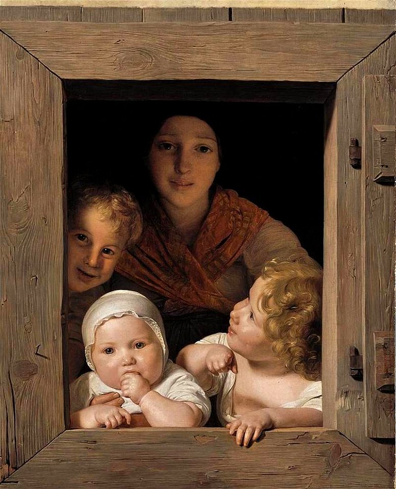 Ferdinand Georg Waldmüller - Young Peasant Woman with Three Children at the Window - WGA25428