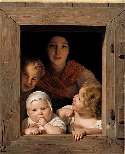 Ferdinand Georg Waldmüller - Young Peasant Woman with Three Children at the Window - WGA25428