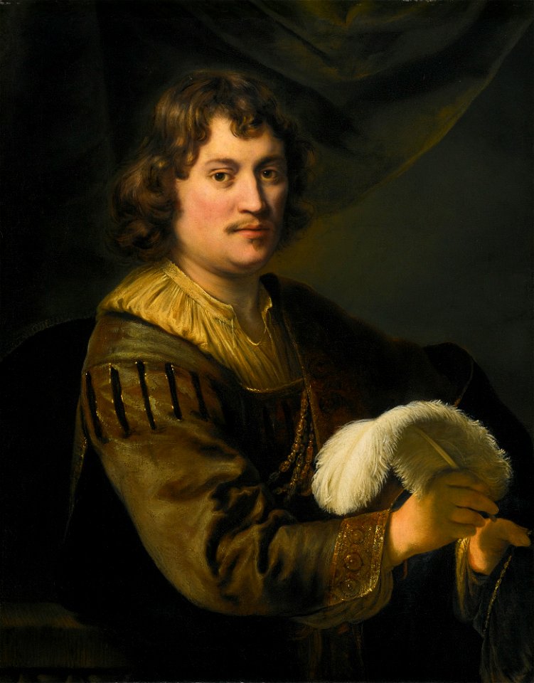 FERDINAND BOL PORTRAIT OF A MAN, HOLDING A WHITE PLUME