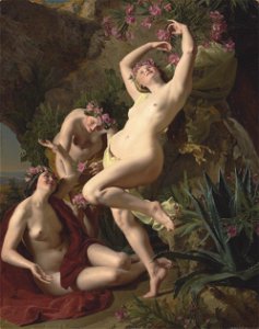 Ferdinand Georg Waldmüller - Three graces garlanded with roses, 1856. Free illustration for personal and commercial use.