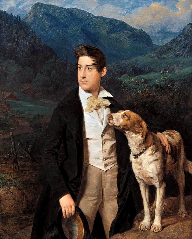 Ferdinand Georg Waldmüller - Waldmüller's Son Ferdinand with Dog - WGA25424