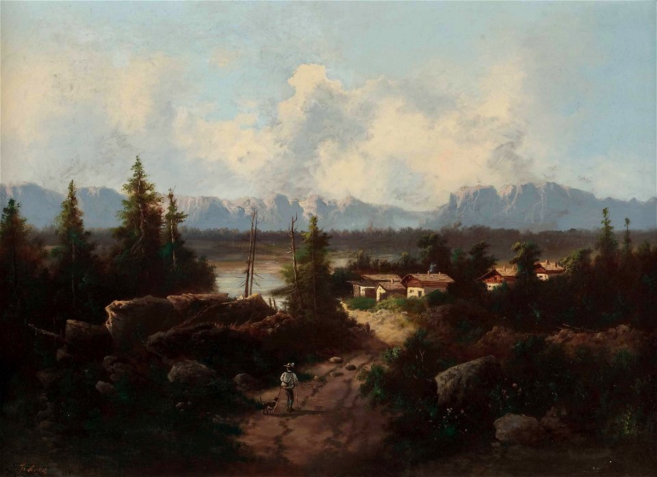 Ferdinand Lepie Bauernhäuser in idealisierter Alpenlandschaft