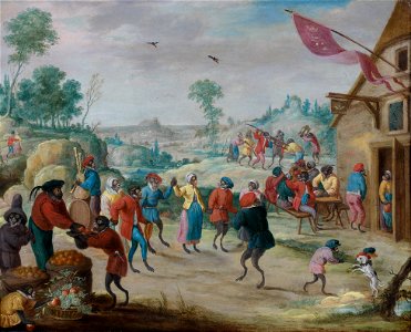 Ferdinand van Kessel - Singerie, village fete and dance in front of an inn