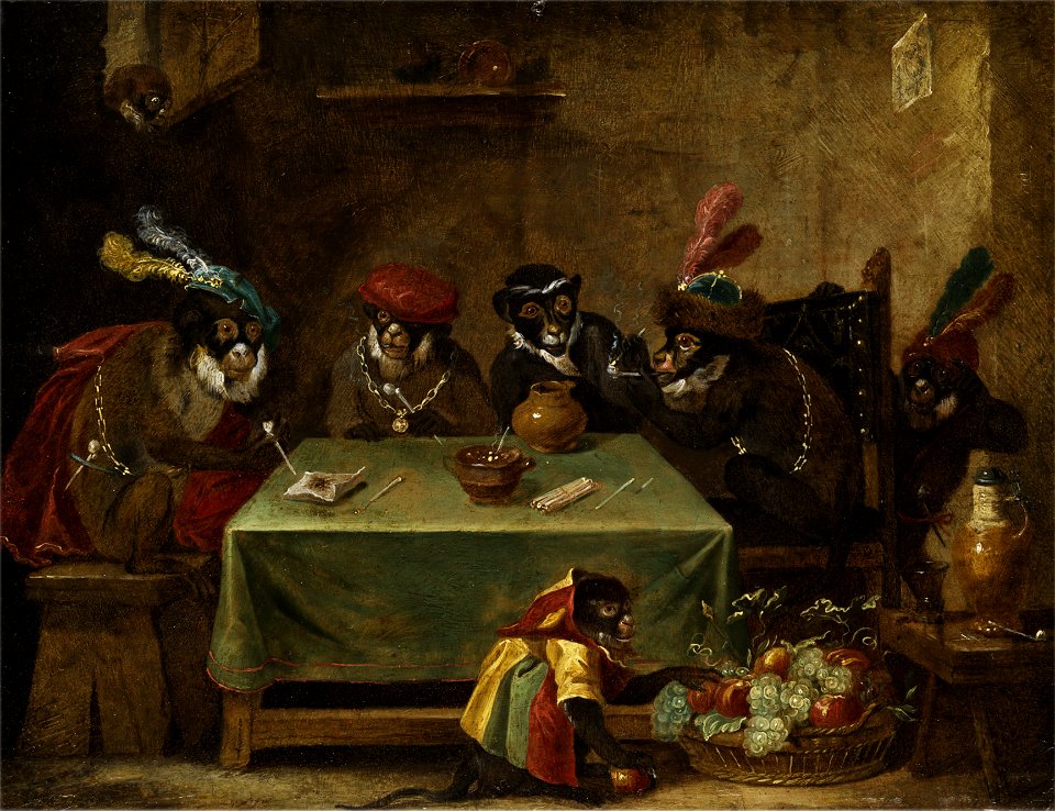 Ferdinand van Kessel (attr) Tabakrauchende Affenrunde
