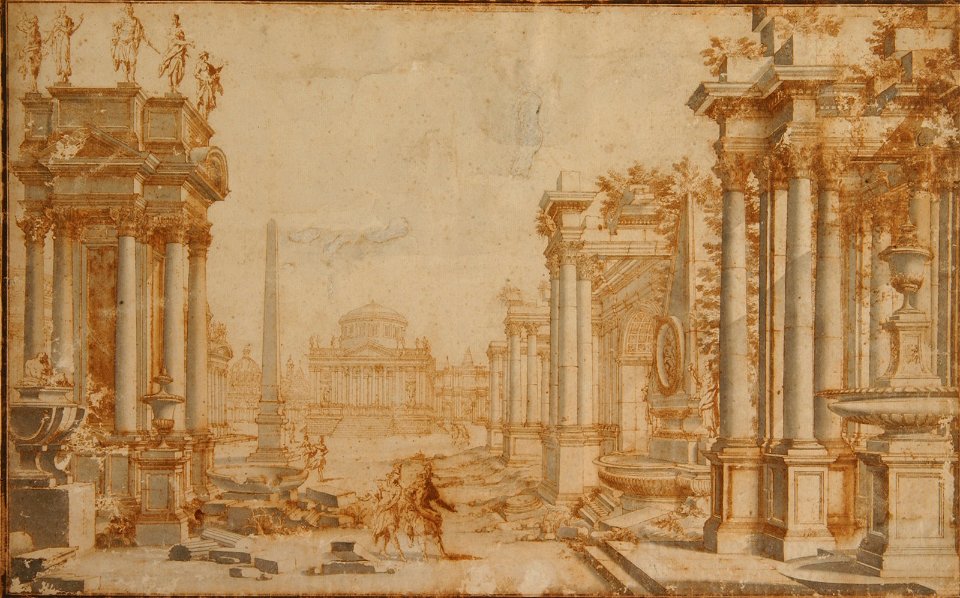Ferdinando Galli Bibiena - Klasicistična arh. s kupolasto stavbo v ozadju