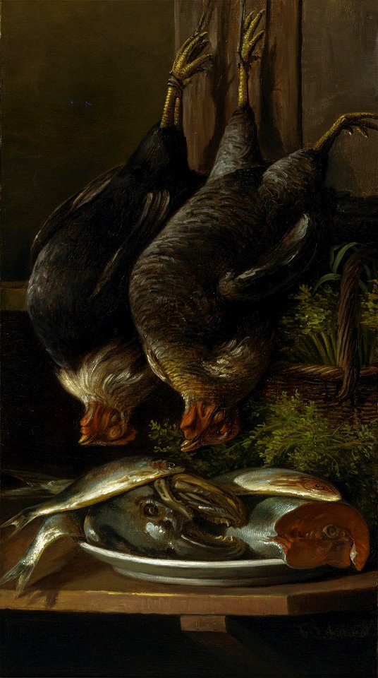 Ferdinand Richardt - Still Life with Chickens and Fish