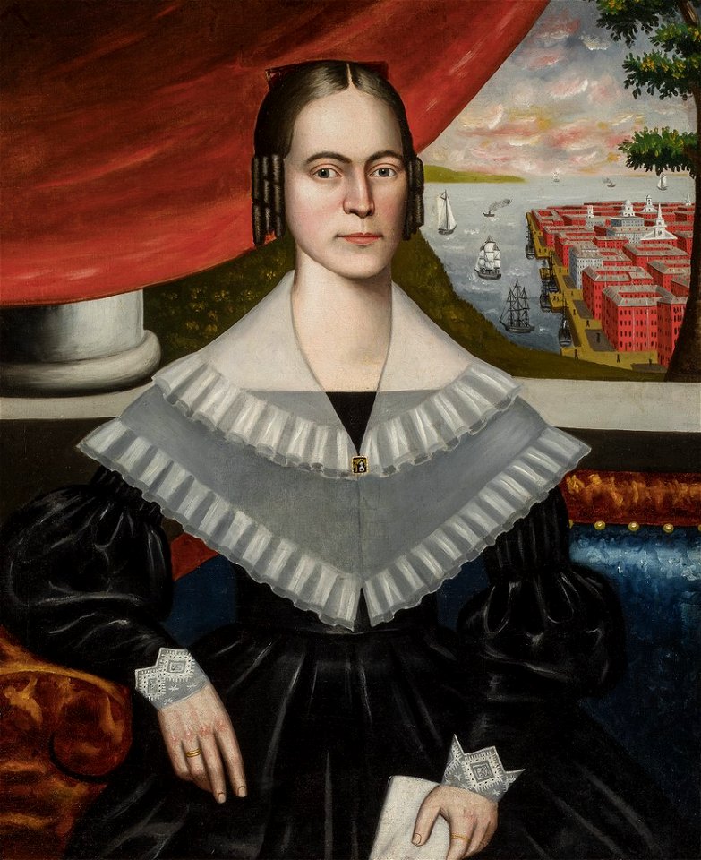 Erastus Salisbury Field - Portrait of a Woman said to be Clarissa Gallond Cook, in front of a Cityscape