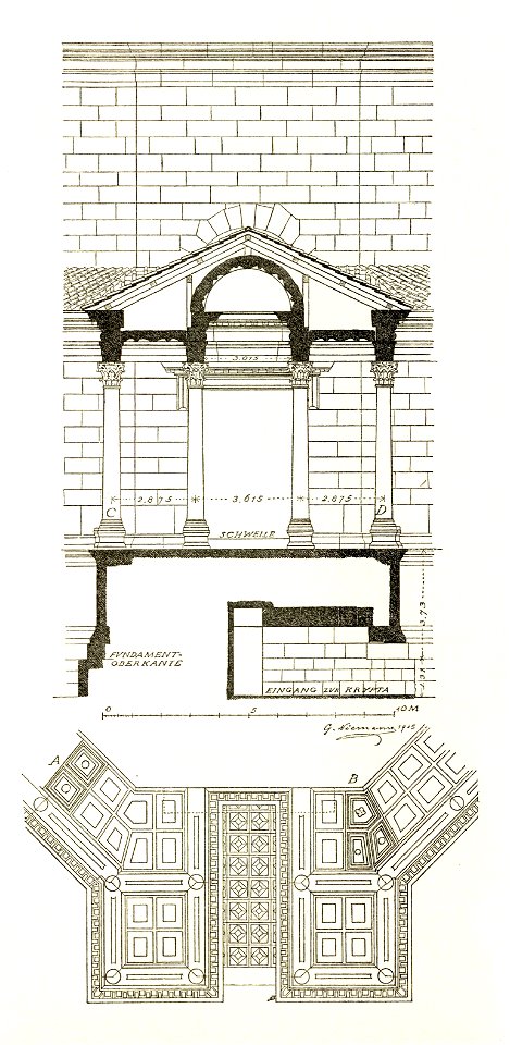 Fig 090 Querschnitt durch die Vorhalle und Projektion der Decke