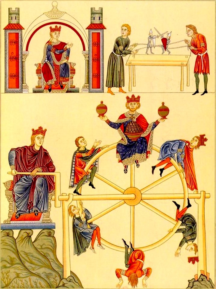 Fighting Knight-Puppets & Wheel of Fortune from Hortus Deliciarum by Herrad of Landsberg, 1167-85 (27665671887)