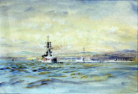 Fighting vessels at anchor against a coastal view, probably in Scapa Flow, about 1917 RMG PU9913
