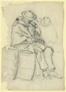 Figure wrapped in blanket sitting on a barrel and reading LCCN2004660563