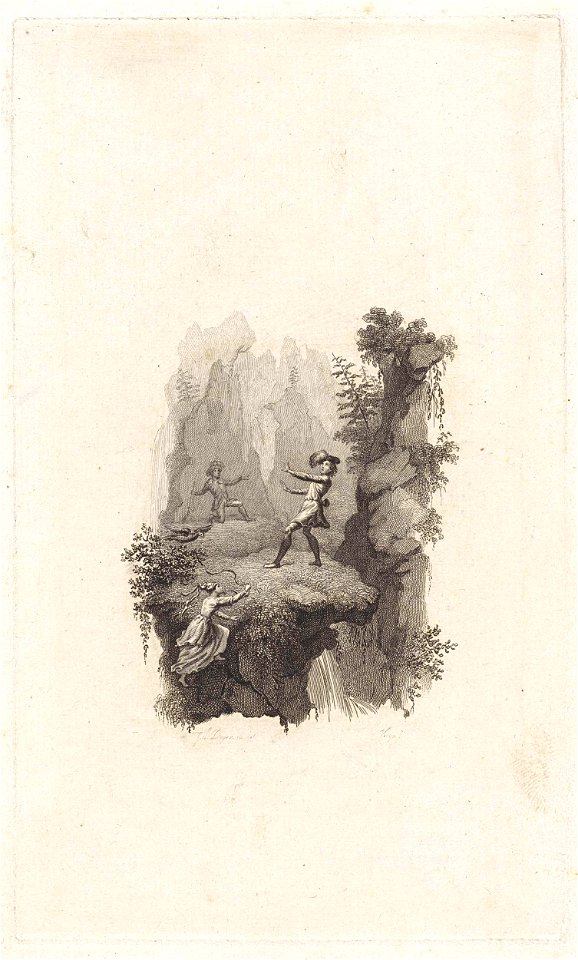 Figuren aan de rand van een rots bij een waterval