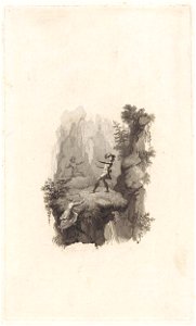 Figuren aan de rand van een rots bij een waterval. Free illustration for personal and commercial use.