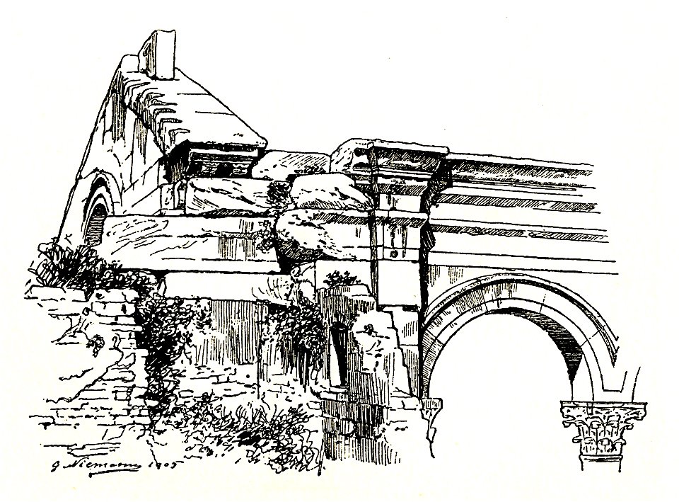 Fig 057 Östliche Giebelecke der Vorhalle und Anschluss des seitlichen Gebälkes