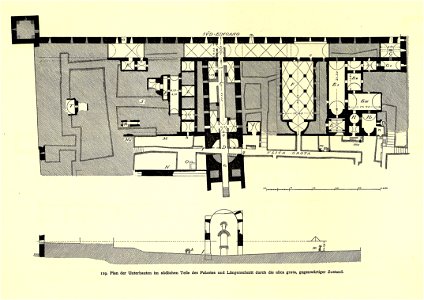 Fig 129 - Plan der Unterbauten im südlichen Teil des Palastes, Längenschnitt durch die ulica grota