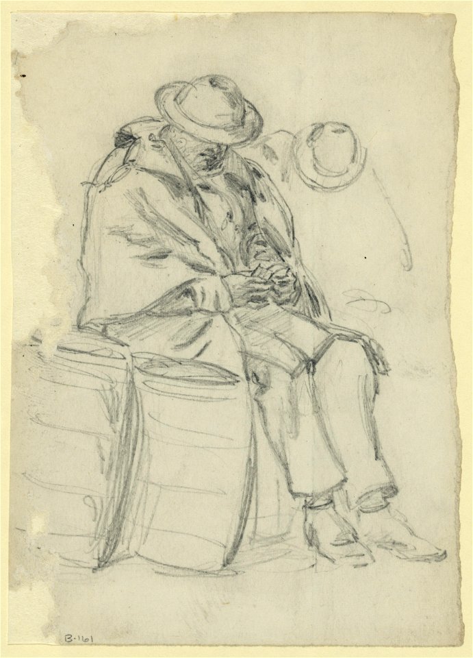 Figure wrapped in blanket sitting on a barrel and reading LCCN2004660563