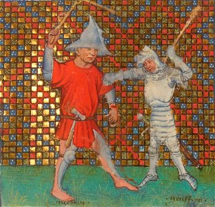 Fight of Geoffroy la Grand Dent and the giant Guedon de Guerande (BNF ms fr 12575, fol 69 - Roman de Melusine by Coudrette). Free illustration for personal and commercial use.