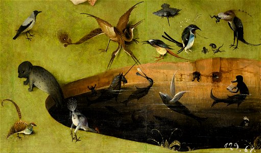 File-Bosch, Hieronymus - The Garden of Earthly Delights, left panel - Detail pond with fictional creatures (lower right). Free illustration for personal and commercial use.