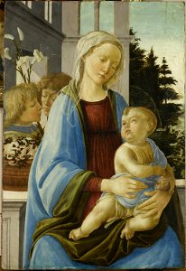 Filippino Lippi - La Vierge et l'Enfant avec deux anges, dit La Vierge à la grenade, 1450 - 1475, RF 1265. Free illustration for personal and commercial use.