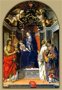 Filippino lippi, madonna col bambino e i santi g.battista, vittore, bernardo e zanobi (1485) uffizi
