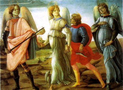 Filippino lippi, tobiolo e i tre arcangeli, 1485, torino, galleria sabauda. Free illustration for personal and commercial use.