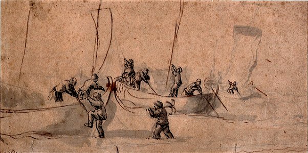 Figures in Dutch pinks pushing off from the shore RMG PV5196
