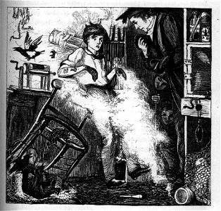 Fire in the laboratory - Tom Brown's School Days (1869). Free illustration for personal and commercial use.
