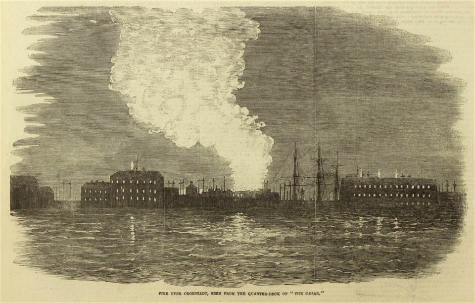 Fire over Crondtadt, seen from the Quarter-Deck of the 'Caesar' - ILN 1855