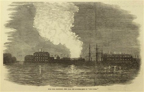 Fire over Crondtadt, seen from the Quarter-Deck of the 'Caesar' - ILN 1855