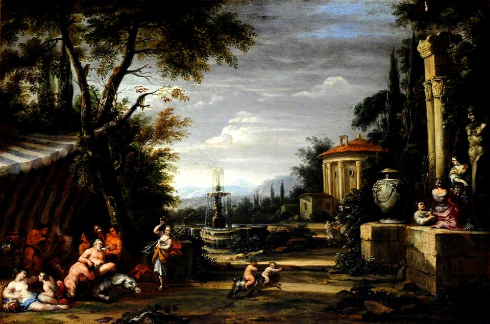 Filippo Lauri (1623-1694) (circle of) - Bacchanal in a Garden, with the Temple of Vesta and a Fountain - 960238 - National Trust