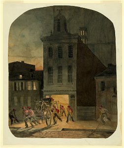 Firehouse scene in Philadelphia showing firemen from the Weccacoe Engine Company pulling a hand-drawn fire engine as other firemen scramble to readiness LCCN2004661379