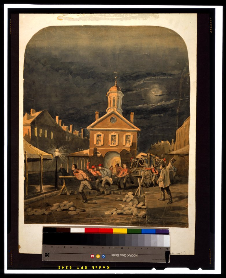 Firehouse scene showing firemen leaving firehouse pulling a hand-drawn fire engine LCCN99400736