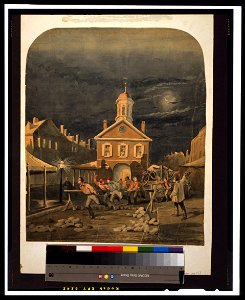 Firehouse scene showing firemen leaving firehouse pulling a hand-drawn fire engine LCCN99400736