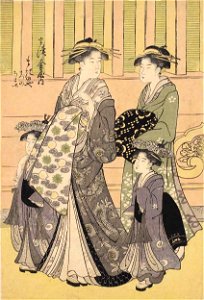 Gokyo - Courtesan from the Kariganeya Brothel Accompanied by her Two Kamuro and an Unidentified Shinzo